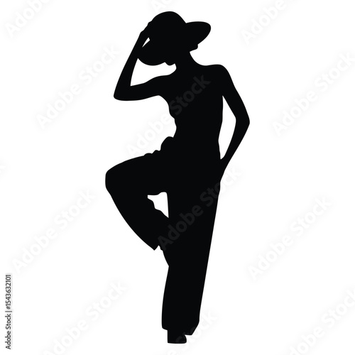 woman in Tilted hat hip-hop stance dance pose, a striking silhouette of a woman wearing a wide-brimmed hat and stylish jumpsuit.