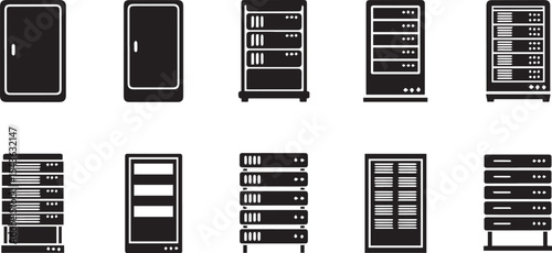 Server Rack Icons Set: Data Center & Network Hardware Silhouettes