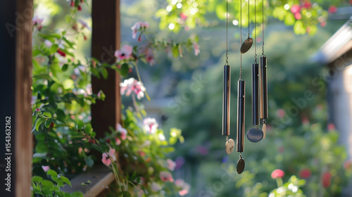 Tranquil Garden Scene with Wind Chimes and Blossoming Flowers in Soft Sunlight