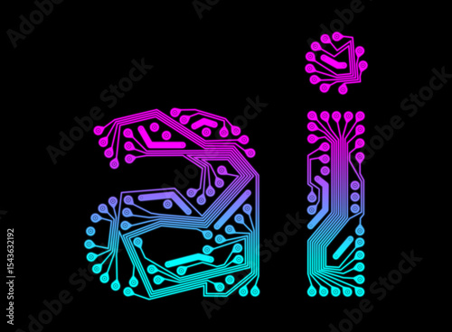 Printed Circuit Board Pattern Forming AI Letters, Lower case, Vibrant Color, Aqua To Purple Gradation, Neon, Bold, No Outline, Black Background. Artificial Intelligence Concept
