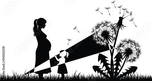 Pregnant mother with daughter silhouette, dandelion wish illustration, future life hope concept, child imagination growth, black white vector art, spring meadow scene, nature and family bond