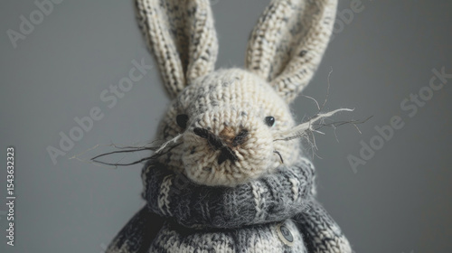 Cozy Knitted Bunny Toy with Scarf Against Neutral Background for Children's Room Decor and Gift Ideas