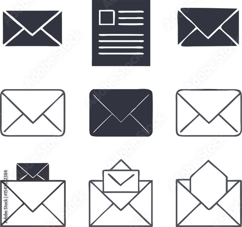 Vector icon collection in black and white minimalist style showing email and message symbols like closed envelopes, mail alerts, and communication signs for web and mobile UI