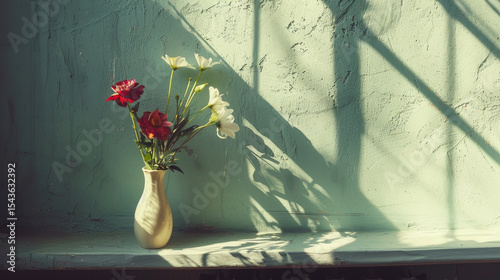 Sunlit Vase with Red and White Flowers Casting Shadows on a Textured Green Wall in a Tranquil Setting