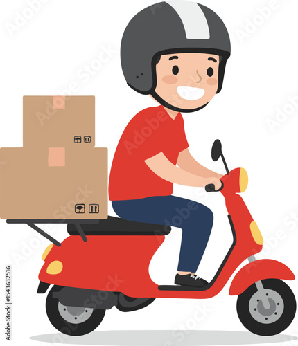 Delivery boy riding with big parcel in cheerful mood