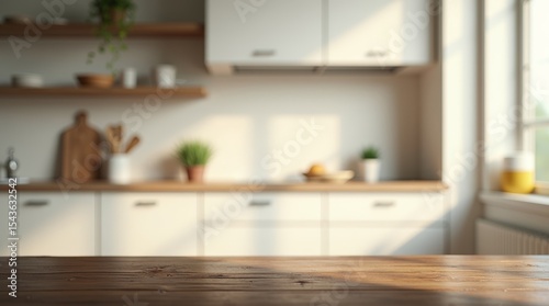 Wood tabletop in modern Scandinavian style kitchen with blurred cabinets, warm sunlight, and cozy home decor elements