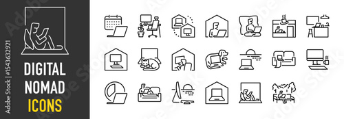 Set of Digital nomad icons. such as Weekday, Work, Connection, Work, Working, Kitchen, Computer, Dog, Work Remotely, Time, Sofa, Beach illustration.	
