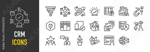 Set of Crm icons. such as Management, Management, App, Growth, Redeem, Business, Magnetic, Electric, Schedule, Technology, Clients, Database, Review, People, Customer illustration.	
