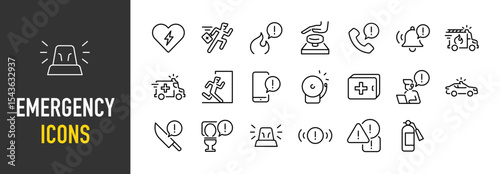 Set of Emergency icons. such as Medical, Burn, Button, Telephone, Emergency, Exit, Mobile, Car, Bell, Signal, Sign illustration.	

