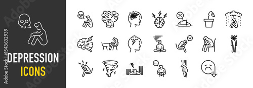 Set of Depression icons. such as Suicide, Stress, Social Victimization, Pot, Sad, Mind, Cry, Pain, Love, Negative, Down illustration.	
