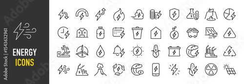 Set of Energy icons. such as Power, Steam Power, Seaweed, Geothermal Plant, Time, Fuel, Waste Energy, Biofuel, App illustration.	
