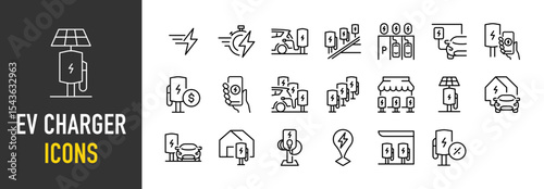 Set of Ev charger vector icons. such as Car, Power, Home, App, Location illustration.	
