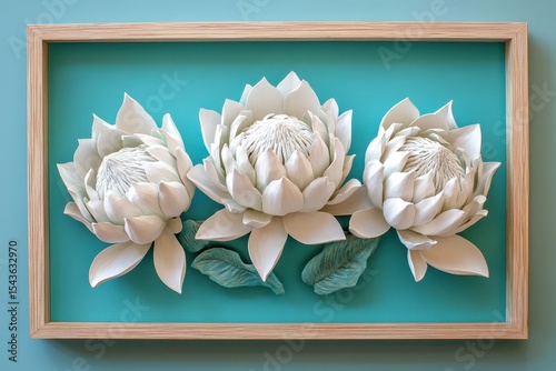 Three regal protea flowers in a light wooden frame.