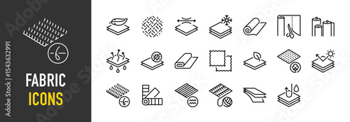 Set of Fabric icons. such as Soft, Fiber, Flexible, Cool, Material, Shop, Fabric, Technology, Swatch, Nature, Sun, Pilling, Colors illustration.	

