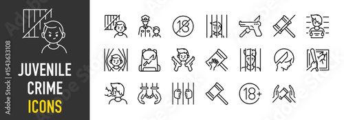 Set of Juvenile crime icons. such as Law, Kid , Under, Arrest, Knife, Unjudge, Jail, Justice, Weapon, Crime, Violence, Smoking, Arrest, Hammer, Young illustration.	
