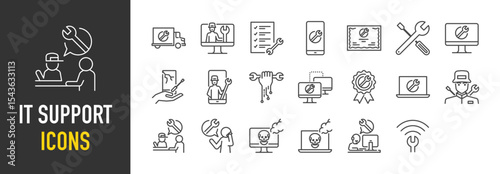 Set of It support icons. such as Tech Support, Computer, Check, Mobile, Mechanic, Digital, Online, Ribbon, Technical, Call, Support illustration.	
