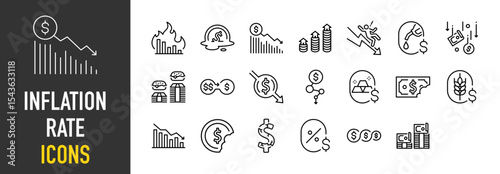 Set of Inflation rate icons. such as Rate, Money, Crude, Shock, Cost Of Living, Price, Wheat, Graph, Broken illustration.	
