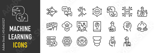 Set of Machine Learning icons. such as Layers, Prompt Engineer, Action, Code, Construction, Developer, Teach, Book, Robot, Loop, Database, Processor, Vehicle, Funnel illustration.	
