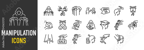 Set of Manipulation icons. such as Mind, Mental, Control, Marriage, Offer, Behavier, Dark Psychology, Wavering In Mind, Marketing, Hand, Bait, illustration.	
