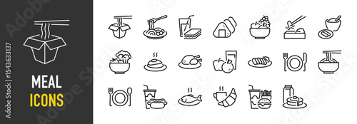 Set of Meal vector icons. such as Food, Nigirimeshi , Fruit, Rice Gruel, Drink, Quick Meal illustration.	
