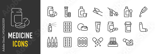 Set of Medicine vector icons. such as Medicine, Cream, Heal, Cassette illustration.	
