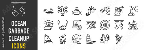 Set of Ocean garbage cleanup icons. such as Sediment, Beach, Leak, Boat, Sea, Rovs, Ocean , Floating Debris, Prohibit, Technology, Life, Animal, Sunk, Boat illustration.	
