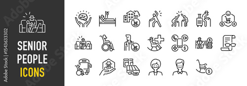 Set of Senior people icons. such as Healthy , Hospital, Elderly, Exercise, People, Travel, Retirement, Relationship, Disabled, Medical, Elderly, Reading, Transport, Support illustration.	
