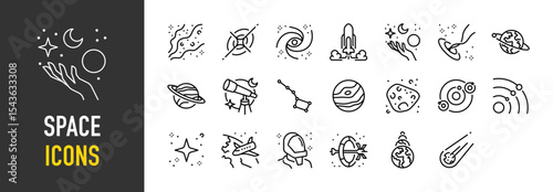 Set of Space icons. such as Interstellar, Star, Science, Rocket, Worm Hole, Moon, Globe, Minor Planets, Asteroid illustration.	

