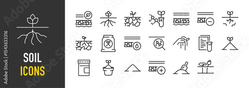 Set of Soil icons. such as Healthy, Land, Ground, Chemistry, Rock, Alkali, Instant, Moist Soil, Science, Hand, Test, Ground, Bottle, Pot, Geology, Tool, Lotus illustration.	
