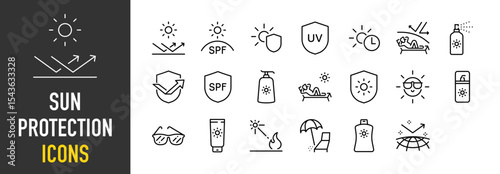 Set of Sun protection icons. such as Shield, Time, Protection, Spray, Cream, Summer, Sunglasses, Hot, Travel illustration.	
