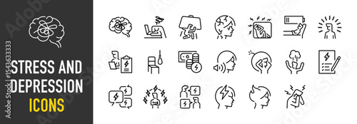 Set of Stress and depression icons. such as Brain, Stress, Broken, Heavy, Pressure, Man, Serious, Mental Illness, Money, Sound, Explosion, Communication, Talk illustration.	
