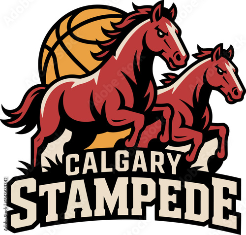 Calgary Stampede logo featuring two bold red horses and basketball in dynamic western heritage emblem  