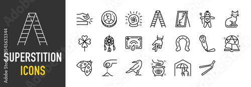 Set of Superstition icons. such as Tradition, Currency, Fortune, Tool, Glass, Malediction, Animal, Clover, Dream, Communication, Fingers, Horseshoe, Rabbit, Book illustration.	
