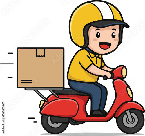Cute courier in yellow outfit on red scooter