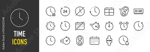 Set of Time stroke icons. such as Clock, Time, Hours, Timer, minutes illustration.	