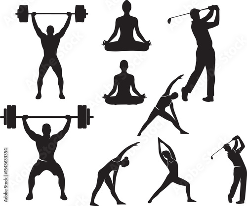 Fitness & Sports Silhouettes: Weightlifting, Yoga & Golf Figures
Exercise Poses Vector Set: Athletic People Black & White Graphics