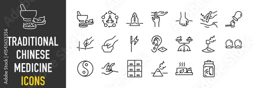 Set of Traditional chinese medicine icons. such as Medicine, Healthy, Cupping, Extremity Palpation, Chinese, Heat, Medicine, Ear Seed, Needle, Opposite, Cone illustration.	
