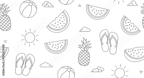 Summer themed seamless pattern with pineapple watermelon beach ball sun clouds and flip flops.