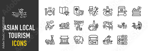 Set of Asian local tourism icons. such as Food, Location, Money, Music, Travel, Market, Fruit, Transport, Animal illustration.	
