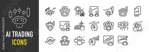 Set of Ai trading icons. such as Artificial Intelligence, Analysis, Stocks, Trade, Graph, Market, Copy Trade, Robot illustration.	

