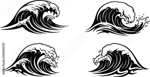 Japanese wave tattoo set, bold ocean surf design, vintage tsunami clipart, hand drawn wave vector, black sea splash illustration, traditional style cresting water artwork, isolated graphic