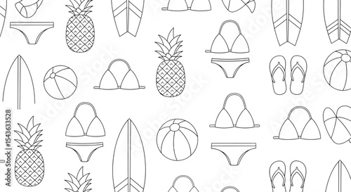 Summer themed seamless pattern with pineapples swimsuits surfboards balls and flip flops.