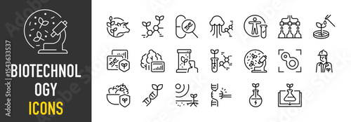 Set of Biotechnology icons. such as Food Science, Technology, Sea, Research, Lab, Analysis, Nature, Biology, Genetic, Professor, Food, Medical, Area, Power illustration.	
