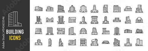 Set of Building icons. such as Apartment, Office, Building, Construction, Business, City, School, architecture illustration.	

