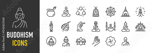 Set of Buddhism icons. such as Offering, Buddhism, Ti Ratana, Buddha, Karma, Building, Praying, Pipal, God, Ecclesiastical, Candle, Church, Lotus, Hand illustration.	
