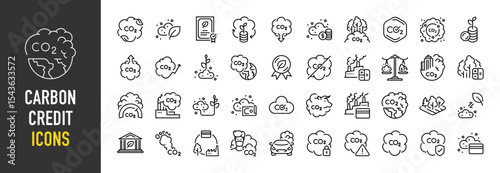 Set of Carbon credit icons. such as Carbon Neutral, Calculate, Down, Trade, Absorbing, Badge, Smoke, Money, Increase, Global, Medal, Prohibited, Calculate, City illustration.	
