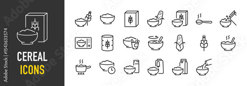Set of Cereal icons. such as Bowl, Box, Food, Grains, Meal, Instant, Breakfast, Vegetable, Wheat, Time, Bottle, Water illustration.	
