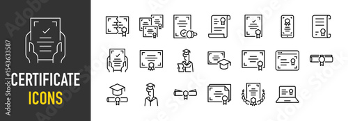 Set of Certificate icons. such as Unofficial, Graduation, Diploma, Mobile, Graduation, Award, Web, Laptop illustration.	
