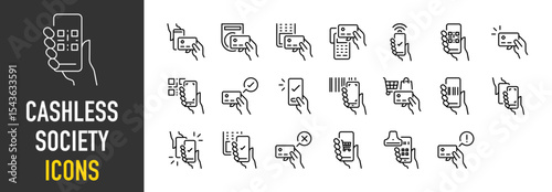 Set of Cashless society icons. such as Scan, Card, Pay, Paying, Technology, Mobile, Shopping, Caution illustration.	
