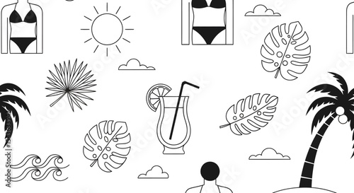 Black and white summer themed pattern with palm trees cocktail sun and bikini.